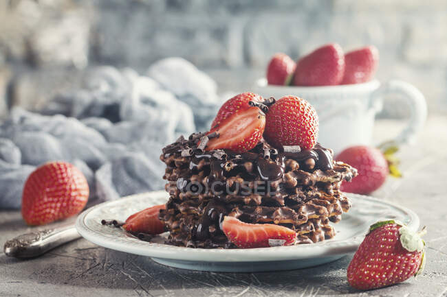 Waffle dessert con salsa al cioccolato e fragole — Foto stock