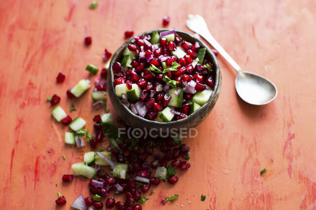Red and green salad with pomegranate seeds and spices — Stock Photo