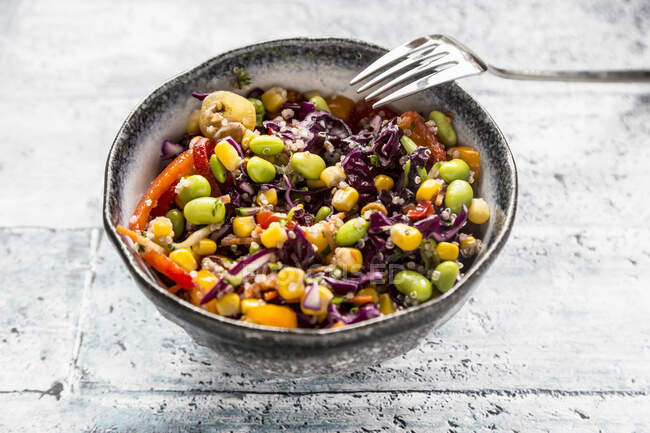 Colourful quinoa salad with tomatoes, sweetcorn, edamame, red cabbage, roasted chickpeas and carrots — Stock Photo