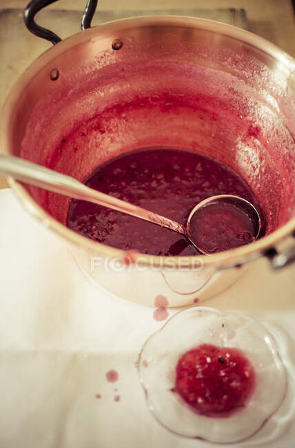 Lingon berry jam being made, setting test — Stock Photo