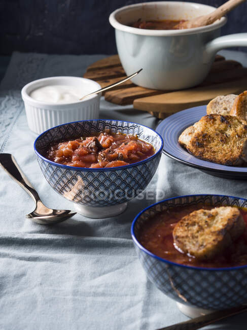 Russische Borschtsch-Suppe mit Roter Bete, Kartoffeln, Rindfleisch und Wirsing — Stockfoto