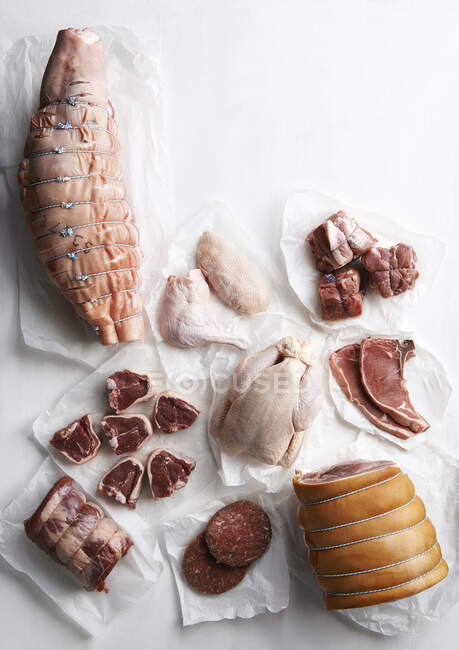 Una selección de carne, pollo entero, carne de cerdo, carne de res, pierna de pollo y pechuga - foto de stock