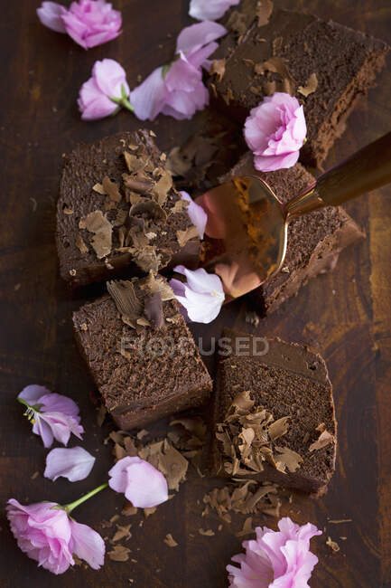 Chocolate Marquise, chocolate dessert garnished with cherry blossoms — Stock Photo