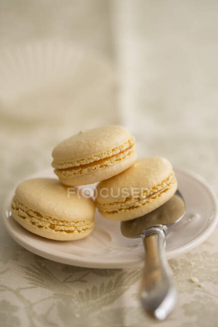 Three macarons on plate with mini spatula — Foto stock