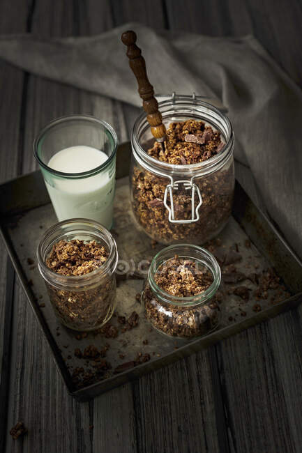 Breakfast oat granola with cocoa, chocolate and pecans — Stock Photo