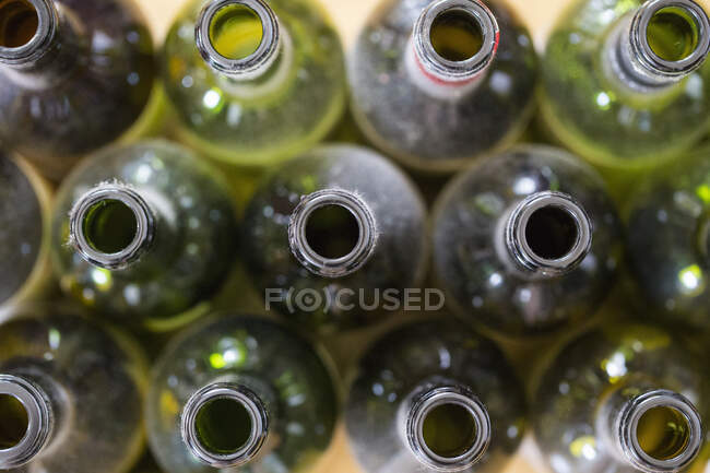 Close-up shot of Opened wine bottles (top view) — Foto stock