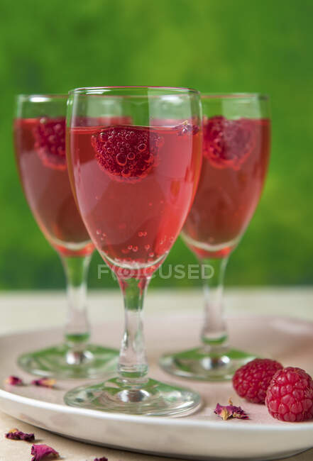 Роза и малиновый шнапс в элегантных стаканах с ягодами — стоковое фото