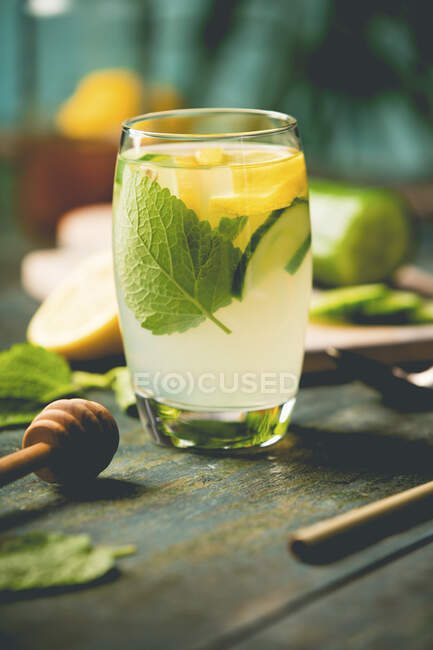 Fresh cool lemon cucumber and mint alcohol cocktail — Stock Photo