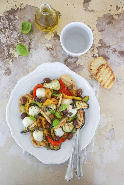 Grilled vegetable salad with olives capers and mozzarella — Stock Photo