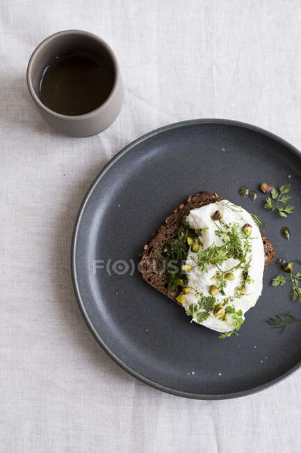 Sourdough bread with burrata and pistachio nuts on a dark plate with a cup of tea — Stock Photo