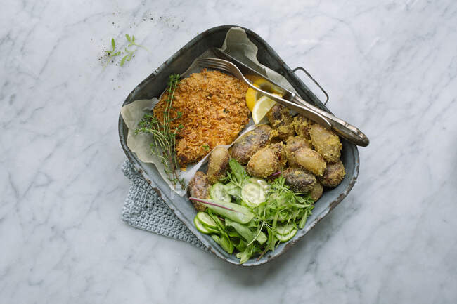 Escalope de poulet avec enrobage de flocons de maïs, pommes de terre polenta et salade dans une boîte à pâtisserie — Photo de stock