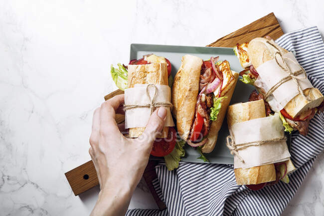 Fresh baguette sandwich bahn-mi styled, bacon, roasted cheese, tomatoes and lettuce on metallic tray on white marble background — Stock Photo