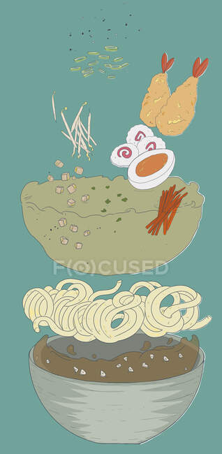 Deconstructed miso ramen soup (illustration) — Stock Photo