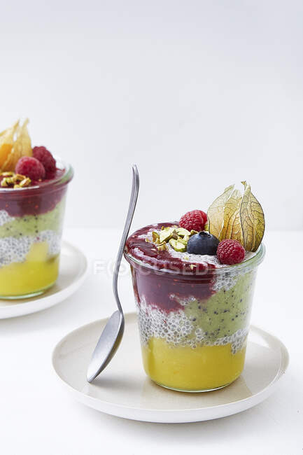 Chia pudding with raspberries, blueberry, nuts and physalis in glasses — Stock Photo