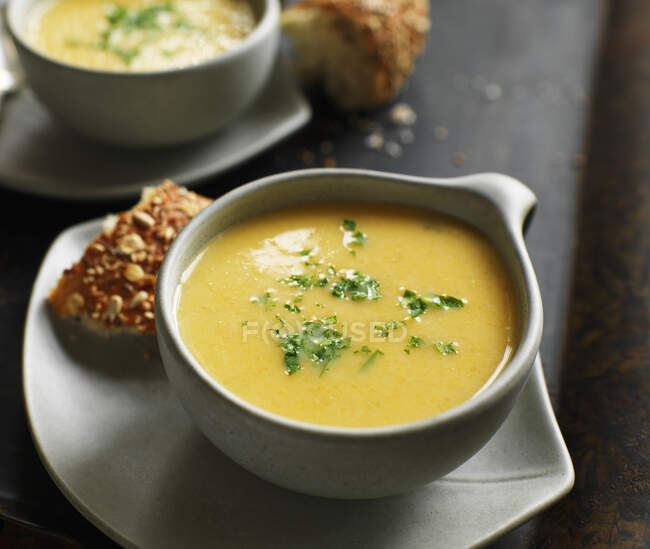 Butternut soup in white bowl — Stock Photo