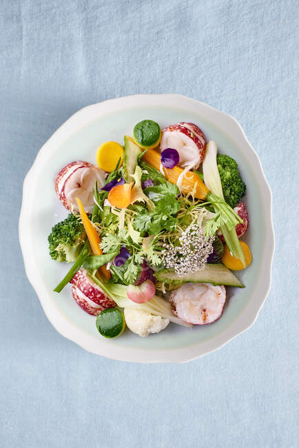 Primer plano de deliciosa ensalada de langosta y verduras - foto de stock