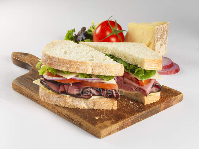 Primer plano de delicioso sándwich de carne asada - foto de stock