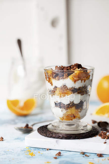 Layers Yoghurt Parfait with Chocolate Granola Fresh Orange — Stock Photo