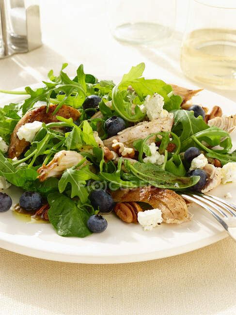 Blueberry and chicken salad with arugula leaves — Stock Photo