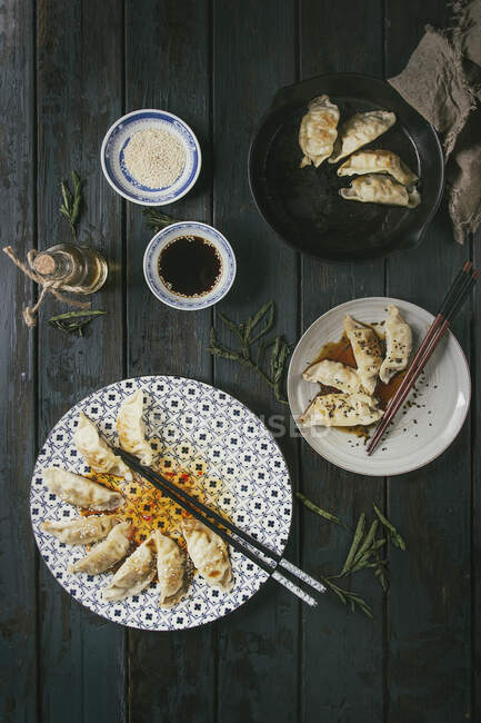 Asian dumplings Gyozas pots tickers on white blue ceramic plate — Stock Photo