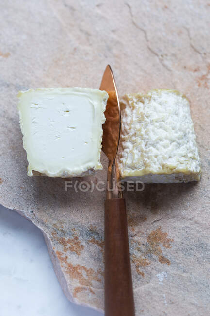 Queso de cabra con cuchillo de queso - foto de stock