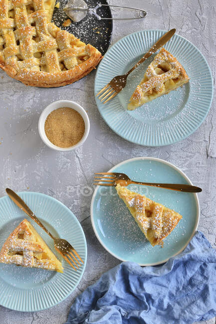 Piezas de pastel de manzana en platos con tenedores y azúcar en polvo - foto de stock