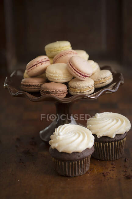 Macarons on stand and two chocolate cupcakes — Stock Photo