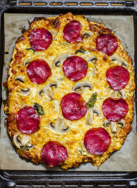Close-up shot of delicious salami and mushroom pizza — Stock Photo