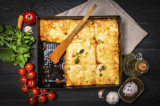 Delicious traditional italian lasagna with ingredients served on dark rustic wooden table, top view — Stock Photo