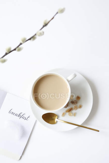 Tasse de café avec guimauves sur fond blanc — Photo de stock