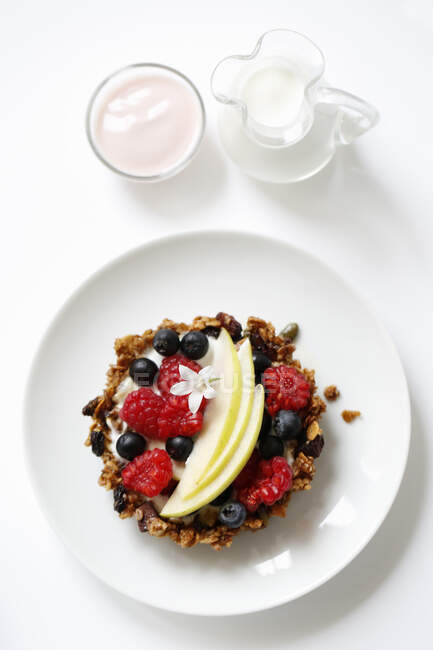 Streuselkuchen weißer Joghurt und rote Früchte — Stockfoto