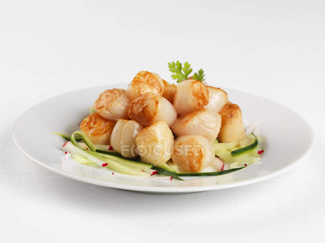 Fried scallops on cucumbers and radishes — Stock Photo