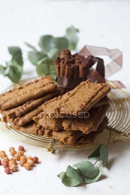 Печенье на стойке с корицей палочки и листья — стоковое фото