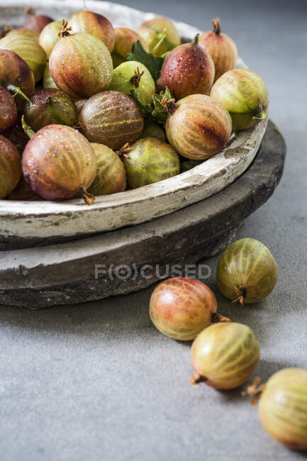 Gooseberries in stone bowl and on concrete table surface — Stock Photo