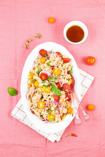 Salade d'orge froide avec haricots cannellini, thon et tomates cerises — Photo de stock