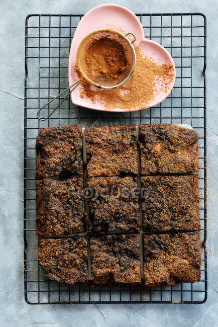 Brownie com mirtilos na bandeja — Fotografia de Stock