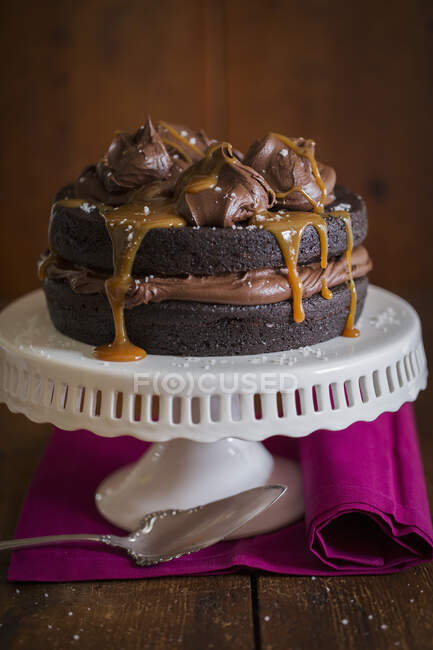 Dunkle Schokoladenkuchen mit Schokokaramell-Zuckerguss und Meersalz — Stockfoto