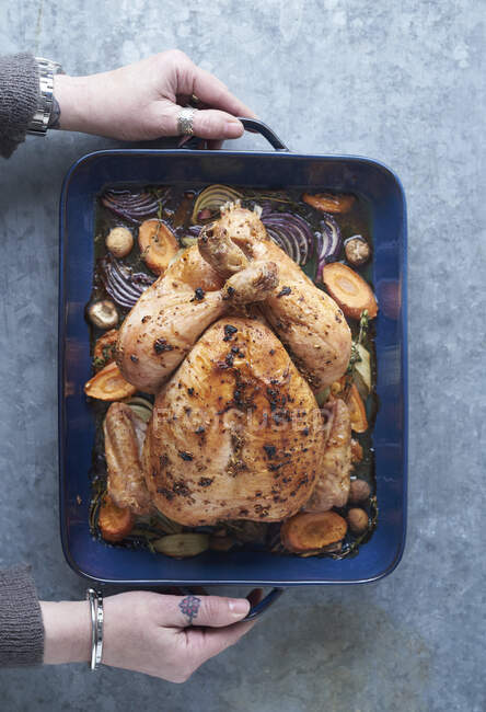Roast chicken in a roasting pan — Stock Photo