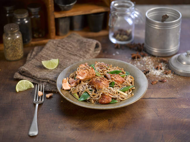 Soba noodles with salmon — Stock Photo