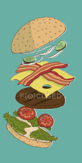 Um hambúrguer desconstruído, ilustração colorida — Fotografia de Stock