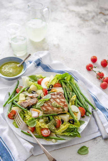 Thunfischsalat mit Eiern, Oliven, Tomaten, Bohnen und Nicoise-Dressing — Stockfoto
