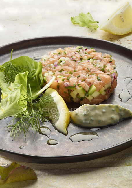 Salmon tartare with remoulade — Stock Photo
