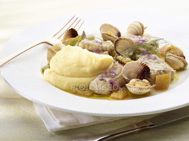 Aal und Miesmuscheln in Schalen mit Kartoffelpüree — Stockfoto