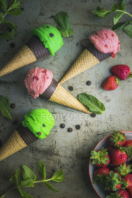 Peppermint ice creams with chocolate chips — Stock Photo