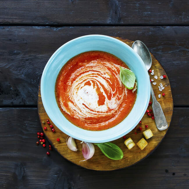Gazpacho Tomato summer cream soup in bowl — Stock Photo
