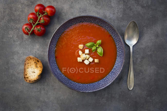 Sopa de tomate com manjericão, croutons e baguete grelhada — Fotografia de Stock