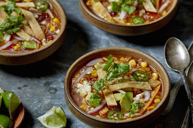 Vegetarian Tortilla Soup in three bowls — Stock Photo