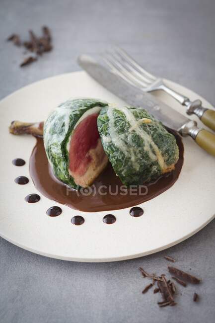 Pigeon roulade with a spinach coating — Stock Photo