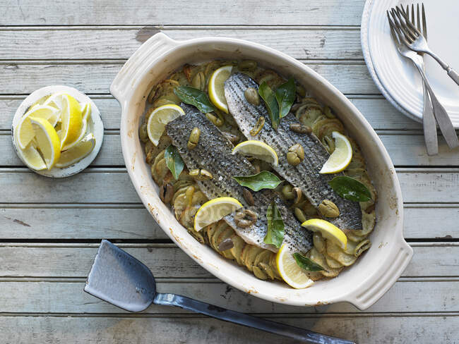 Striped Bass With Yukon Gold Potatoes and Picoline Olives — Stock Photo
