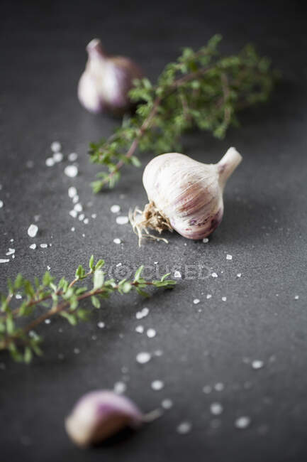 Garlic, thyme and seasalt — Stock Photo
